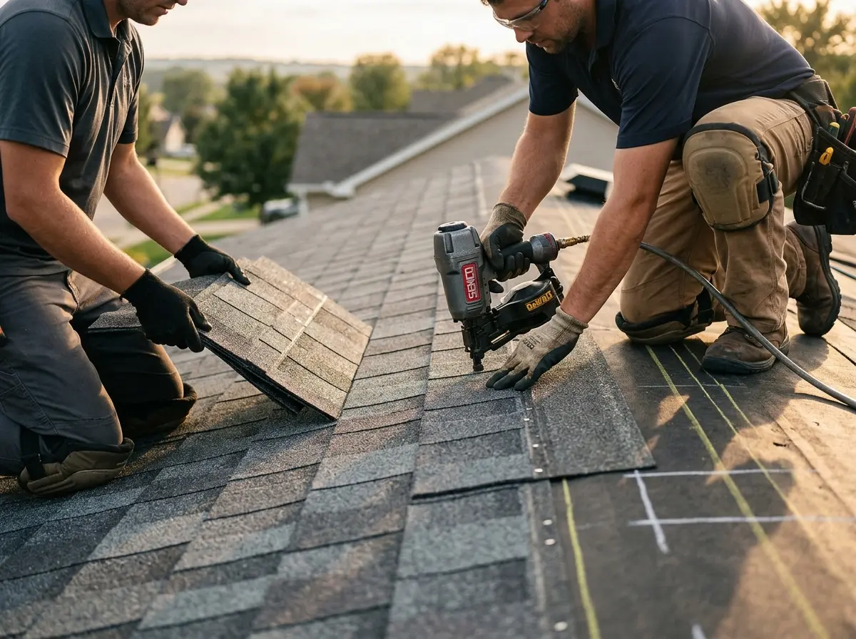 Professional roofer working on a residential roof in Port Clinton